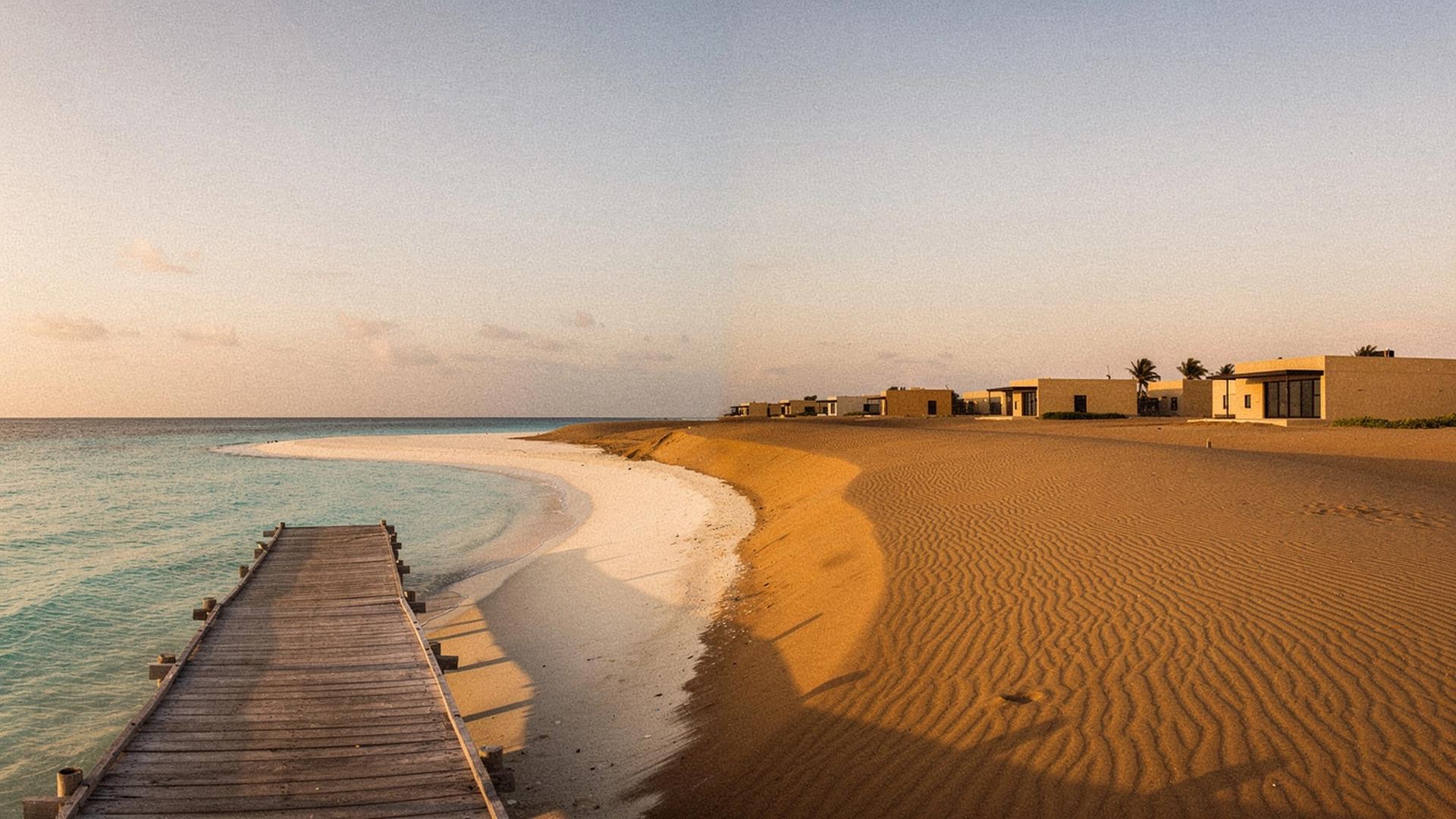 Golden-hour band split in two: a turquoise lagoon with an overwater jetty on the left, ochre desert dunes and a low resort skyline on the right