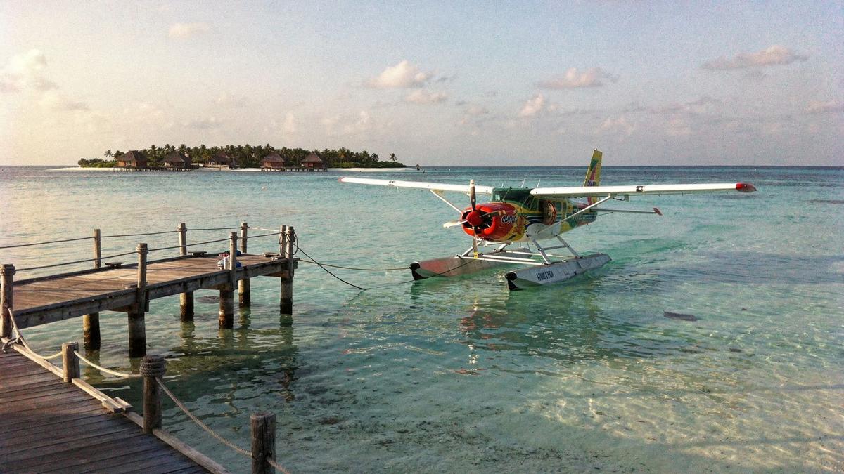 Seaplane on the lagoon at North Male Atoll before the transfer to the resort